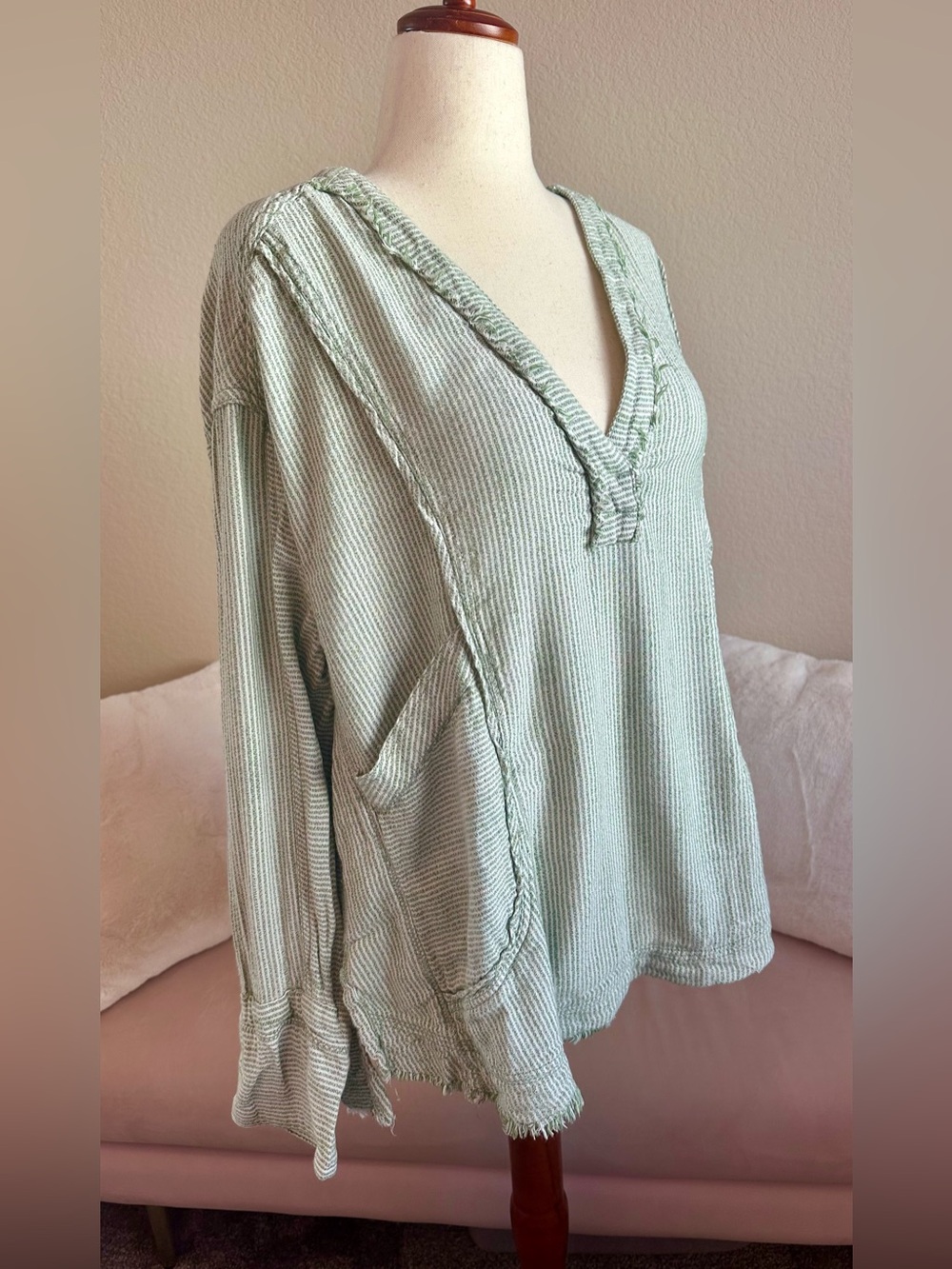 Free People We The Free By The Shore Top Striped Green S Oversized Coastal Boho
